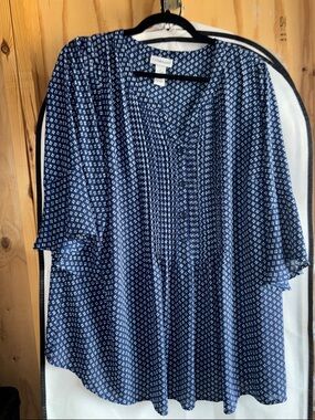 Catherines Navy Blue Printed V-Neck Peasant Blouse